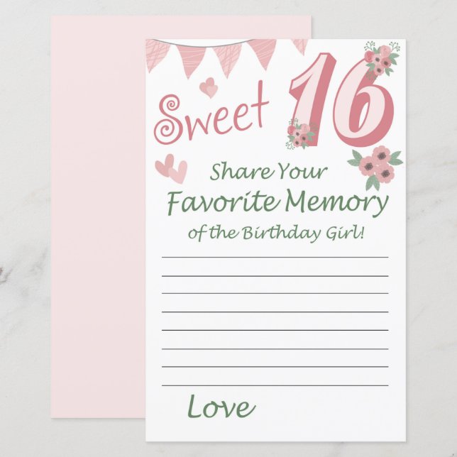 Papier 16e anniversaire Mémoire préférée de la fille anni (Devant / Derrière)