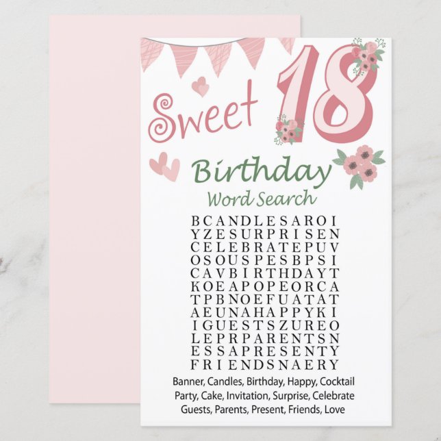 Papier 18 Anniversaire Mot de recherche Jeu (Devant / Derrière)