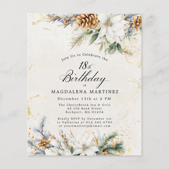 Papier 18e anniversaire Hiver Blanc Floral Invitation (Devant)