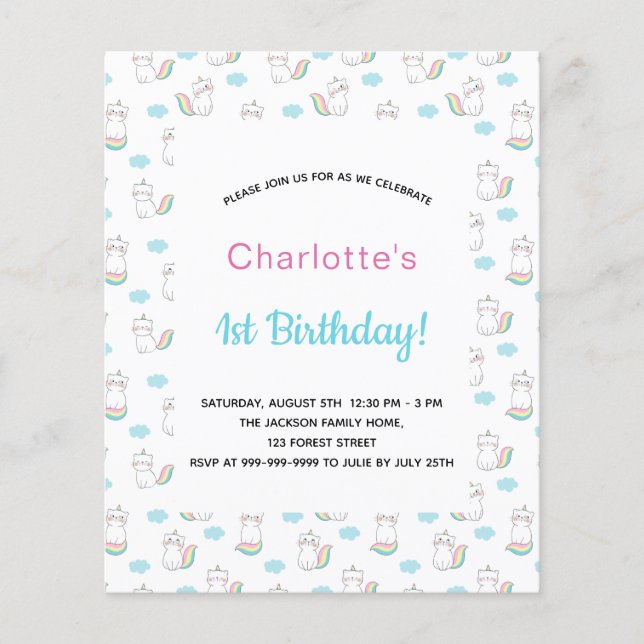 Papier 1er Anniversaire fille chat unicorn bleu rose invi (Devant)