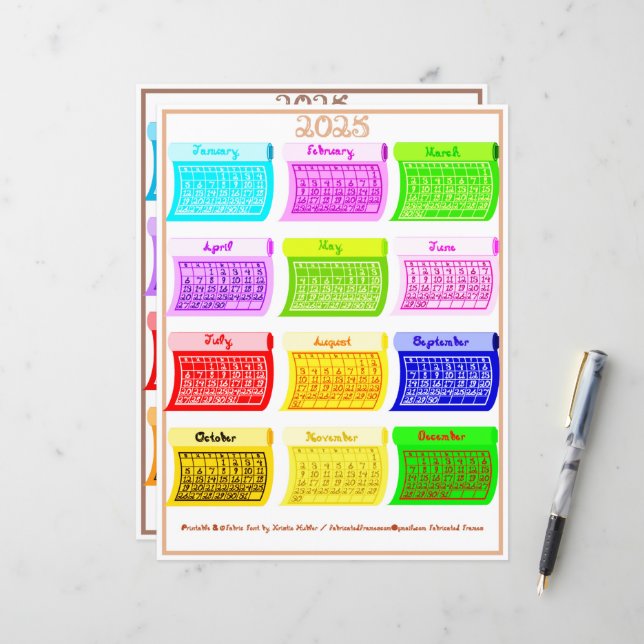 Papier 2025 Calendrier Bolt Fabric Police 12 Mois Couleur (Devant/Arrière en situation)