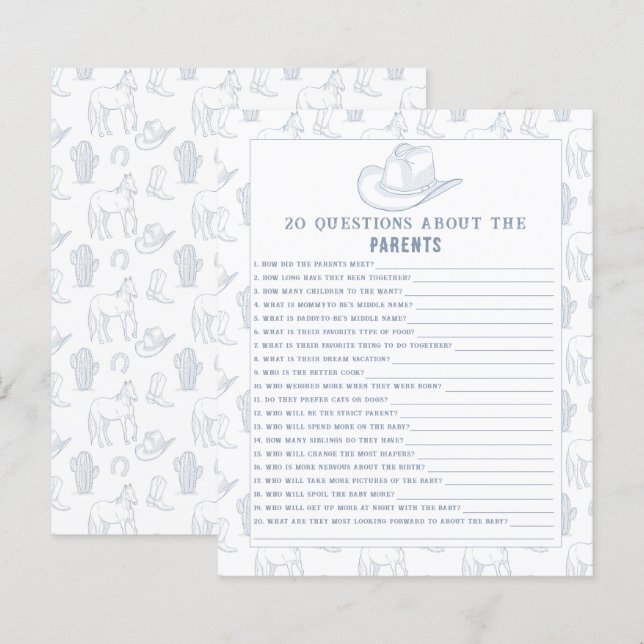 Papier 20 Questions des parents - baby shower Cowboy (Devant / Derrière)
