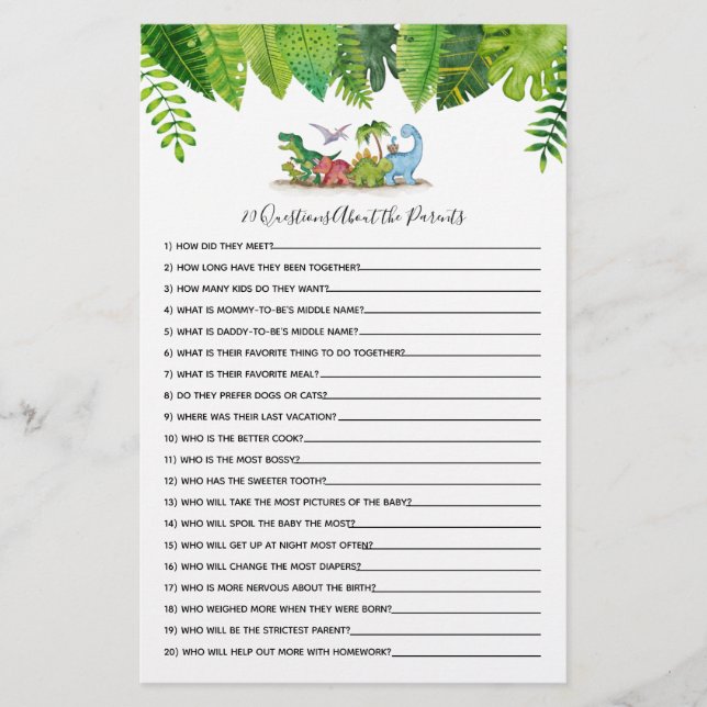Papier 20 Questions Dinosaur Baby shower Jeu (Devant)