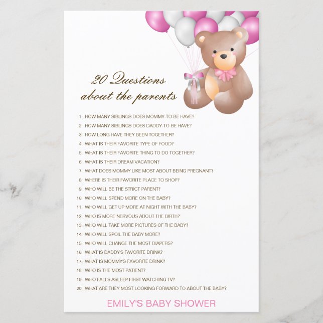 Papier 20 Questions modifiables sur la Baby Shower des pa (Devant)