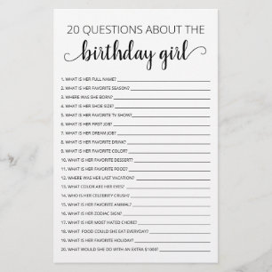 Papier 20 Questions sur la fille d'anniversaire Jeu d'ann