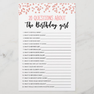 Papier 20 Questions sur la Fille qui Fête son Anniversair