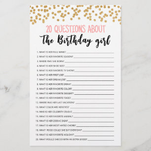 Papier 20 Questions sur la Fille qui Fête son Anniversair