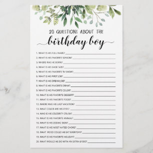 Papier 20 Questions sur le garçon d'anniversaire Jeu modi