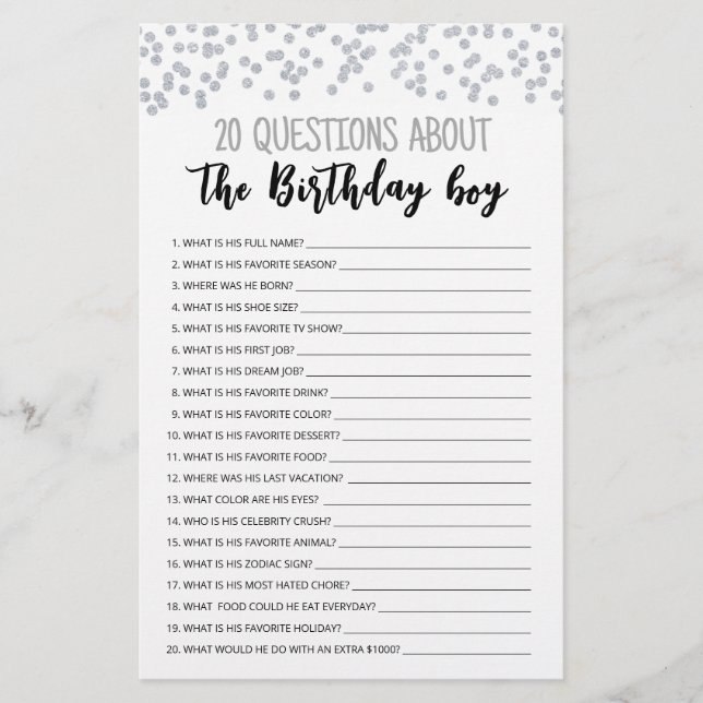 Papier 20 Questions sur le garçon qui fête son anniversai (Devant)