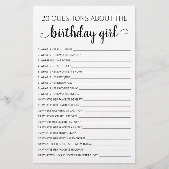 Papier 20 Questions sur le jeu Anniversaire Fille Anniver (Devant)