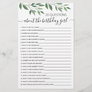 Papier 20 Questions sur le jeu Anniversaire Fille Anniver