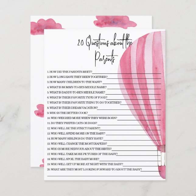 Papier 20 Questions sur le jeu de baby shower des parents (Devant / Derrière)