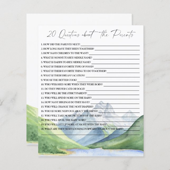 Papier 20 Questions sur le jeu de baby shower Parents (Devant / Derrière)