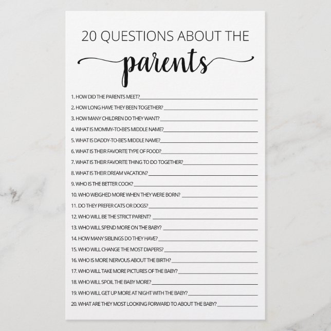 Papier 20 Questions sur le jeu de Baby shower Parents (Devant)