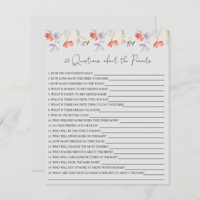 Papier 20 Questions sur le jeu de baby shower Parents (Devant / Derrière)