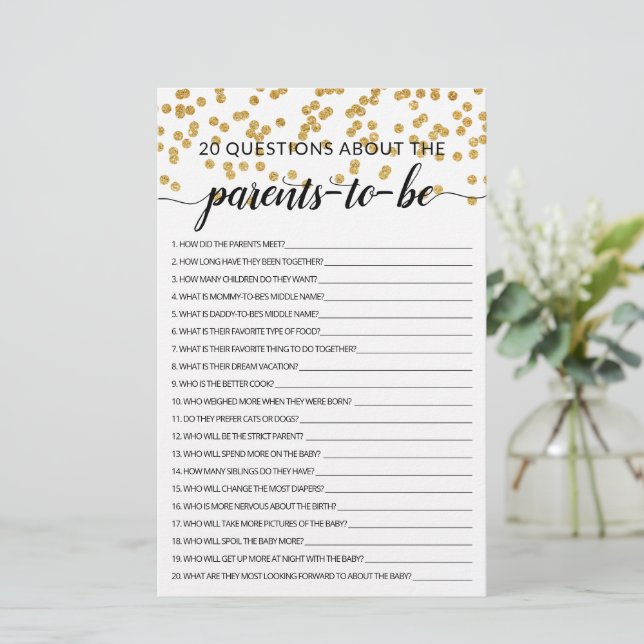Papier 20 Questions sur le jeu de Baby shower Parents (Debout devant)