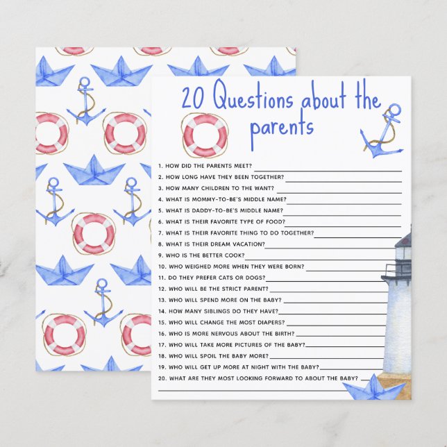 Papier 20 Questions sur le jeu de baby shower Parents (Devant / Derrière)