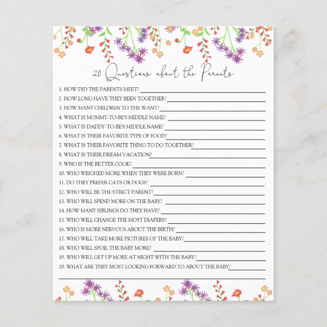 Papier 20 Questions sur le jeu de baby shower Parents (Devant)