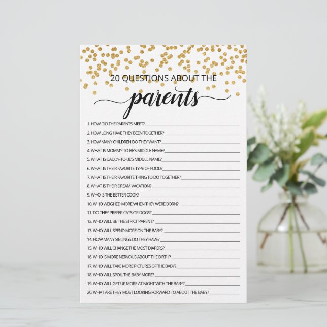 Papier 20 Questions sur le jeu de Baby shower Parents (Debout devant)