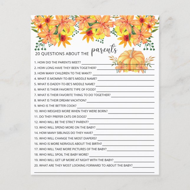 Papier 20 Questions sur le jeu de baby shower Parents (Devant)