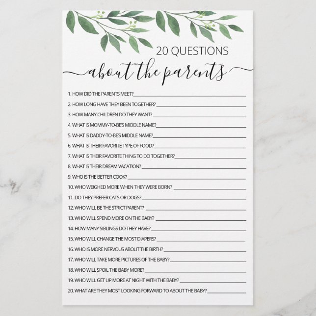 Papier 20 Questions sur le jeu de Baby shower Parents (Devant)