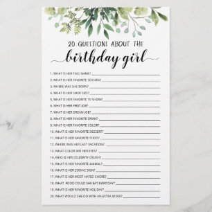 Papier 20 Questions Sur Le Jeu Modifiable Fille Anniversa
