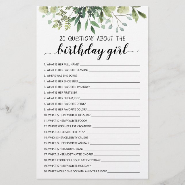 Papier 20 Questions Sur Le Jeu Modifiable Fille Anniversa (Devant)