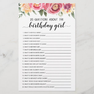 Papier 20 Questions Sur Le Jeu Modifiable Fille Anniversa
