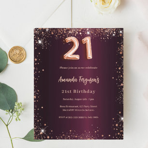 Papier 21e anniversaire burgundy rose or invitation