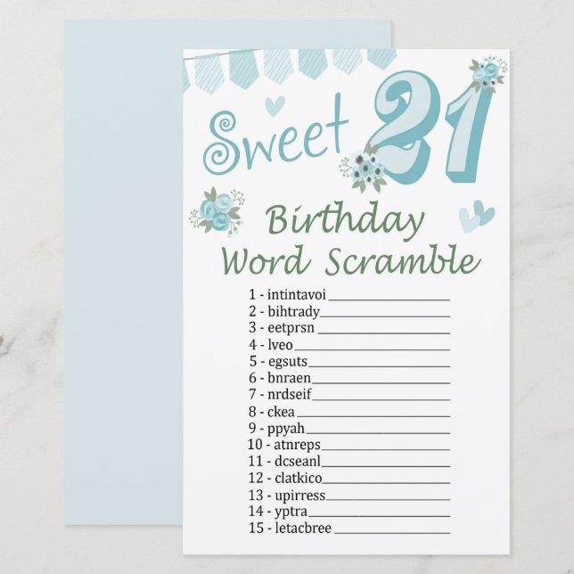 Papier 21e Anniversaire Jeu de course de mots (Devant / Derrière)