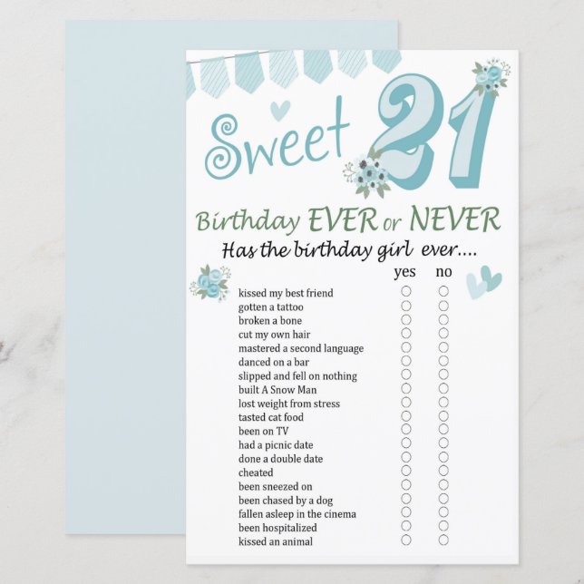 Papier 21e anniversaire Jeu jamais ou jamais (Devant / Derrière)