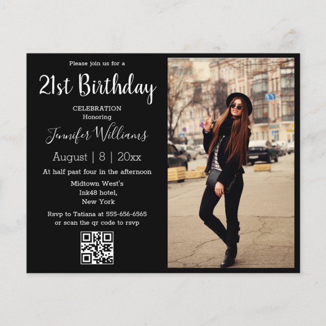 Papier 21e anniversaire photo code qr invitation noire (Devant)