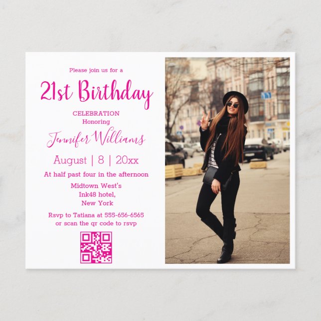 Papier 21e anniversaire photo qr code invitation rose (Devant)