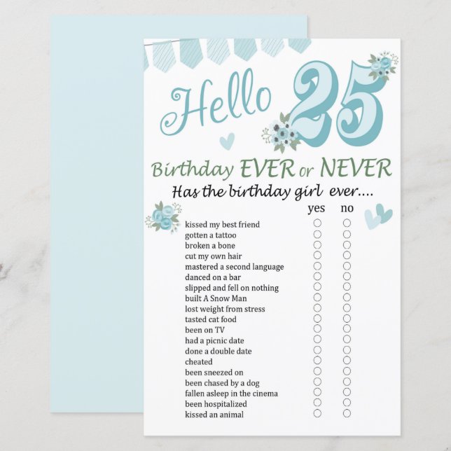 Papier 25 e anniversaire Jeu jamais ou jamais (Devant / Derrière)