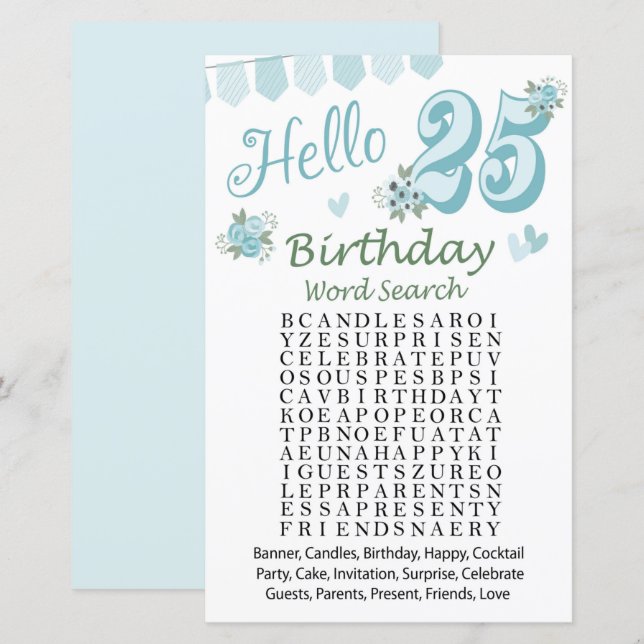 Papier 25 e Anniversaire Mot de recherche Jeu (Devant / Derrière)