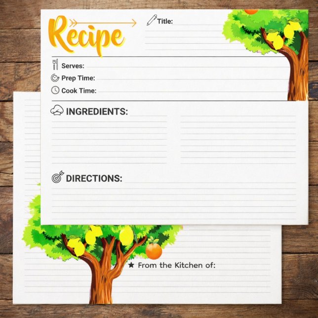 Papier 2 Sided Blank - Elegant Lemon Tree Recipe Card (watercolor lemon recipe cards, refill recipe binder sheets, handwritten recipe keepsake gift)