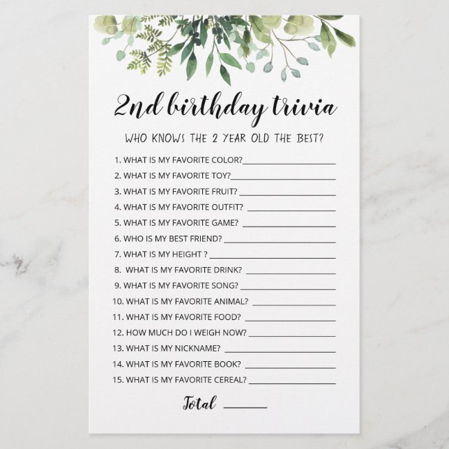 Papier 2ème anniversaire Trivia éditable jeu (Devant)