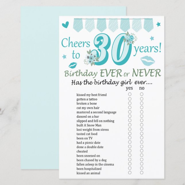 Papier 30 e anniversaire Jeu jamais ou jamais (Devant / Derrière)