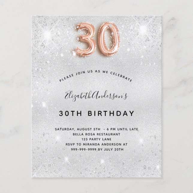 Papier 30e anniversaire argent rose or invitation (Devant)