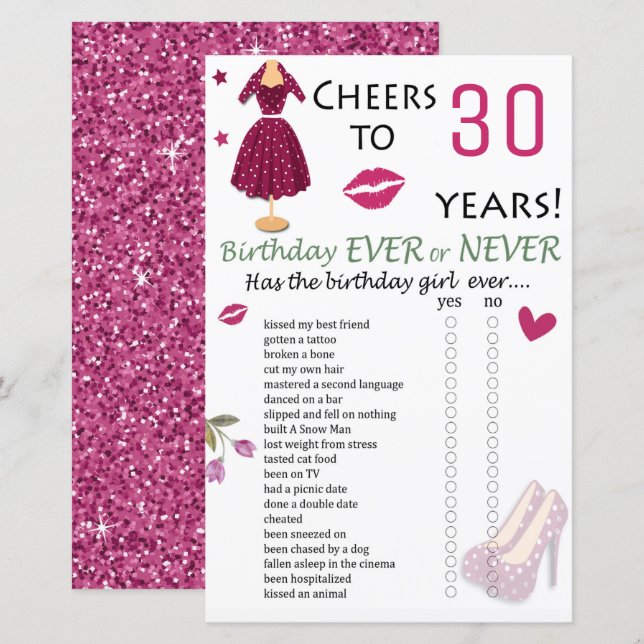 Papier 30e anniversaire Jeu jamais ou jamais (Devant / Derrière)