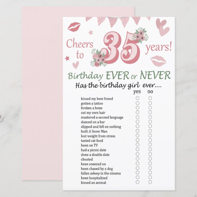 Papier 35 e anniversaire Jeu jamais ou jamais (Devant / Derrière)
