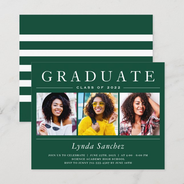 Papier 3 Photo Green White Stripes Graduation Invitations (Devant / Derrière)