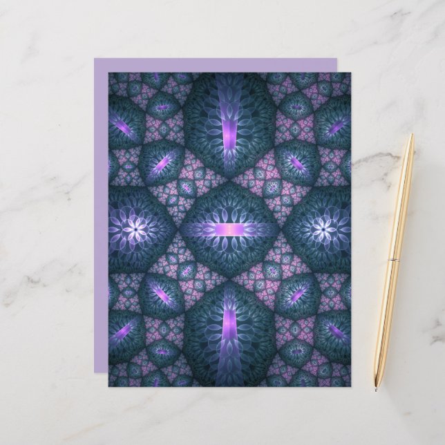 Papier 3D Fractal Art Abstrait Motif bleu violet rose (Devant/Arrière en situation)