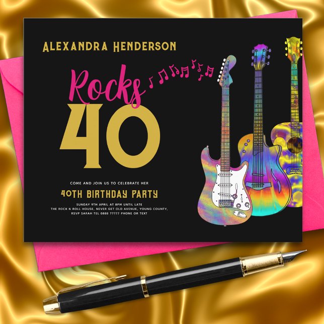 Papier 40e anniversaire fêtes rochers 40 budget (Rock and roll pink black and gold 40th birthday party budget invitation )