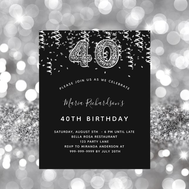 Papier 40e anniversaire invitation léopard noir argent (Créateur téléchargé)