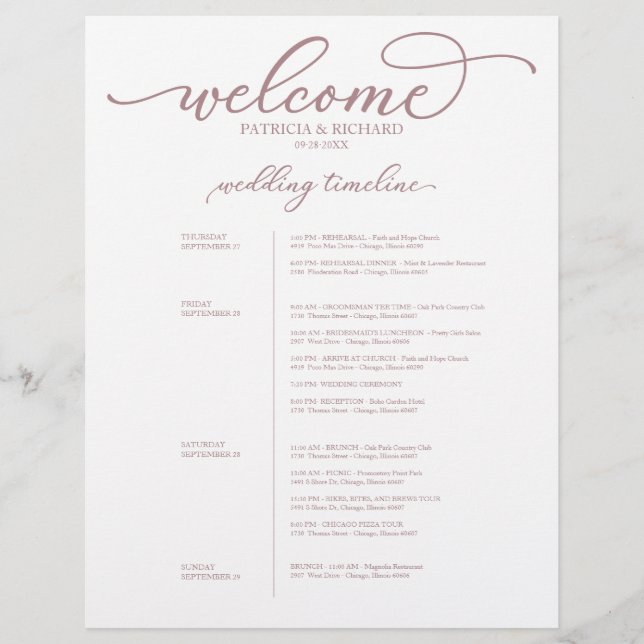 Papier 4 Jours Mariage Itinéraire Chic Rose Gold Script (Devant)