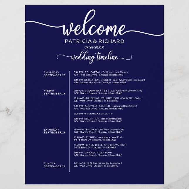 Papier 4 Jours Mariage Itinéraire Chic Timeline Marine Bl (Devant)