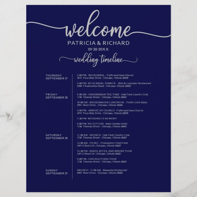 Papier 4 Jours Mariage Itinéraire Timeline Marine Bleu Ar (Devant)