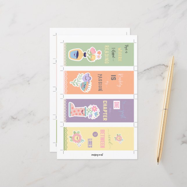 Papier 4 Signets floraux Kawaii avec mains coupées (Devant/Arrière en situation)