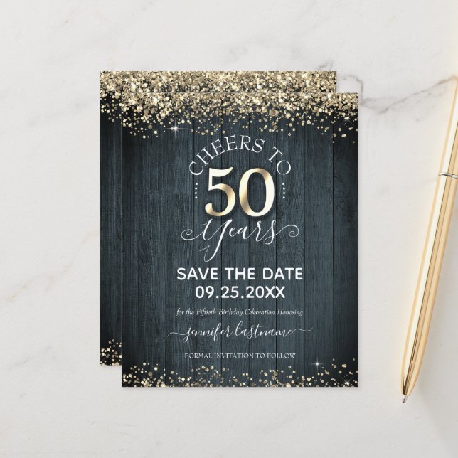 Papier 50e anniversaire d'or Enregistrer la date Invitati (Devant/Arrière en situation)